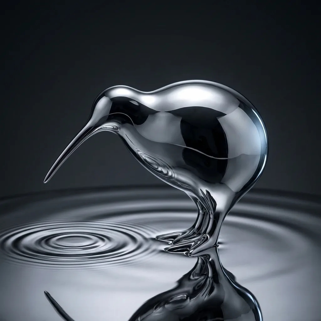 Chrome kiwi sculpture dipping its beak into a mirror-liquid floor, ripples spreading out