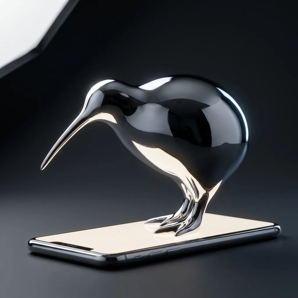 Chrome kiwi standing on a chrome phone lying flat, its screen the only lit thing in frame