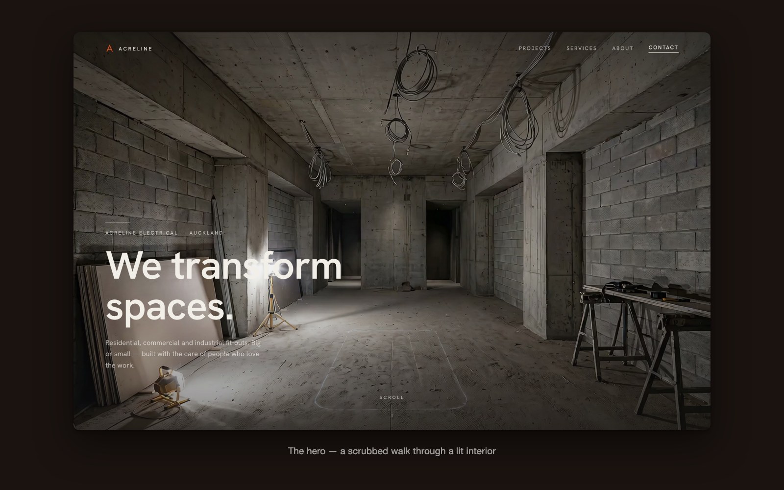 The Acreline homepage hero: a warm-lit architectural interior filling the screen