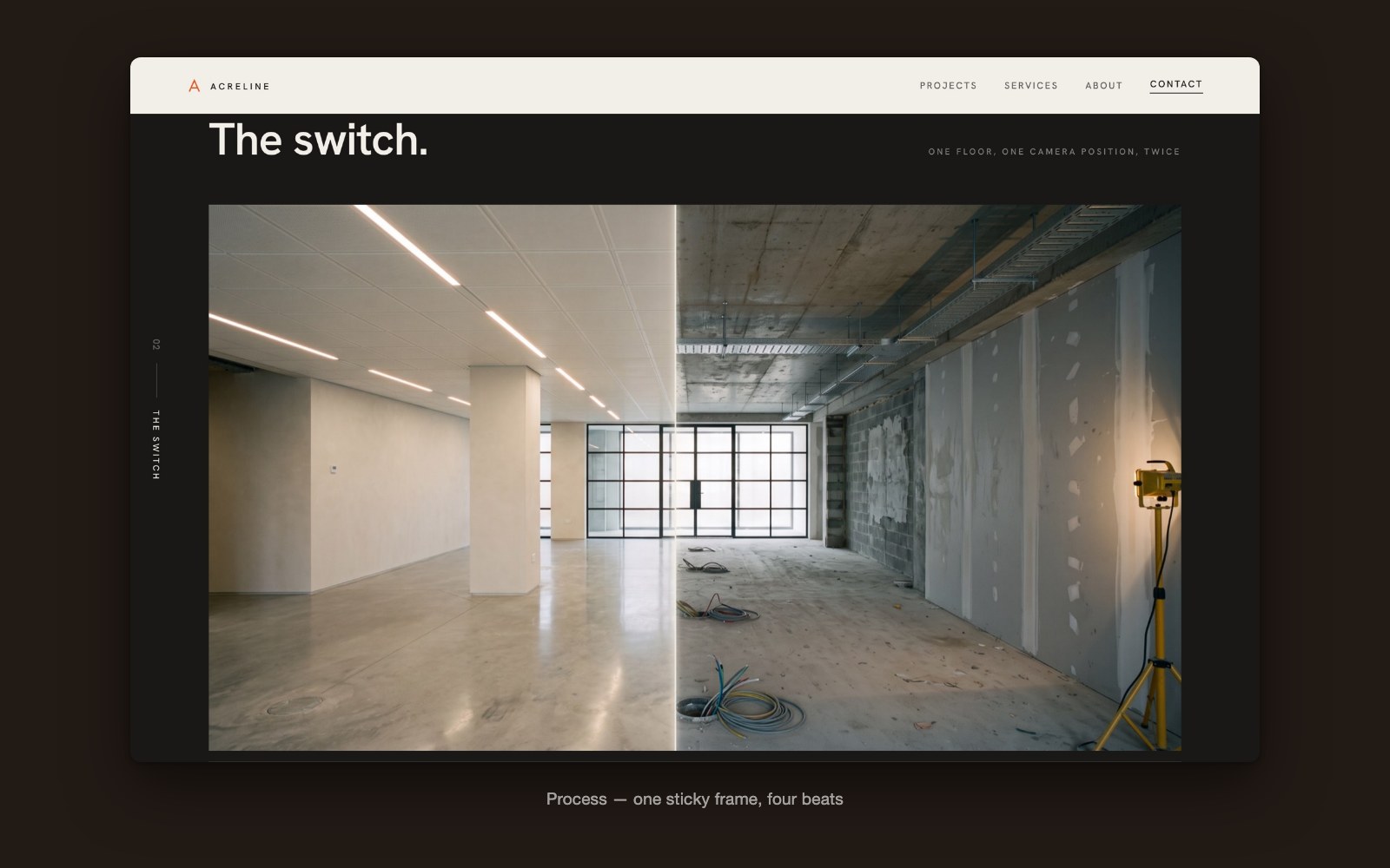 The Acreline process section: a sticky architectural photograph beside the scrolling beats