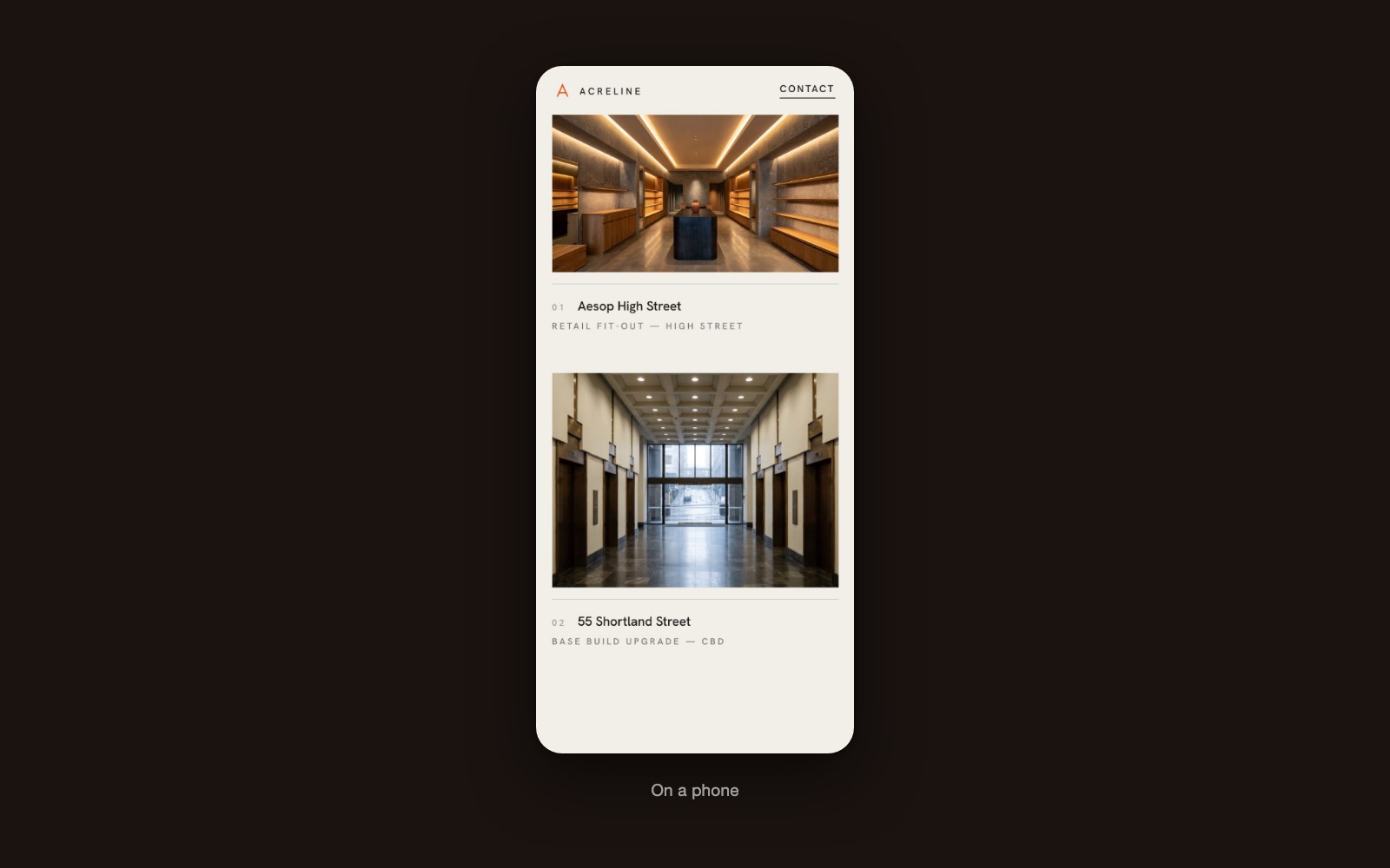 Acreline at mobile width, each process frame dropping inline