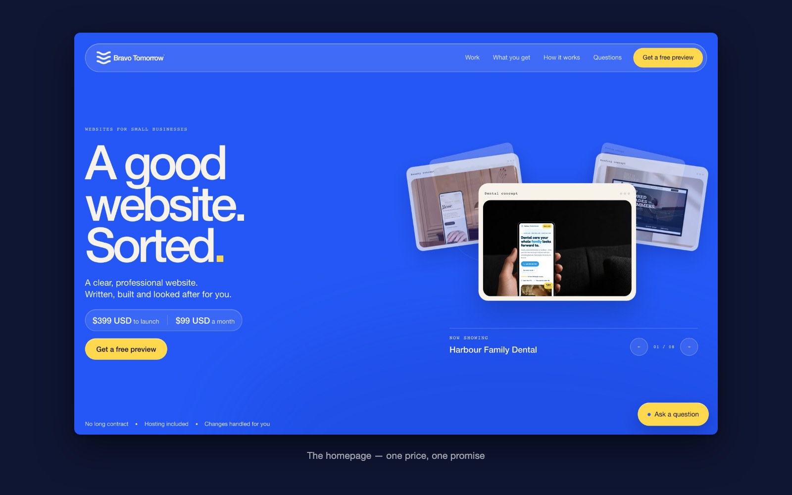 The Bravo Tomorrow homepage: “A good website. Sorted.” over a carousel of concepts