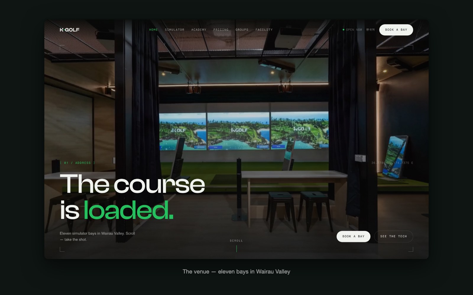 The K Golf homepage: an eleven-bay indoor golf venue in Wairau Valley