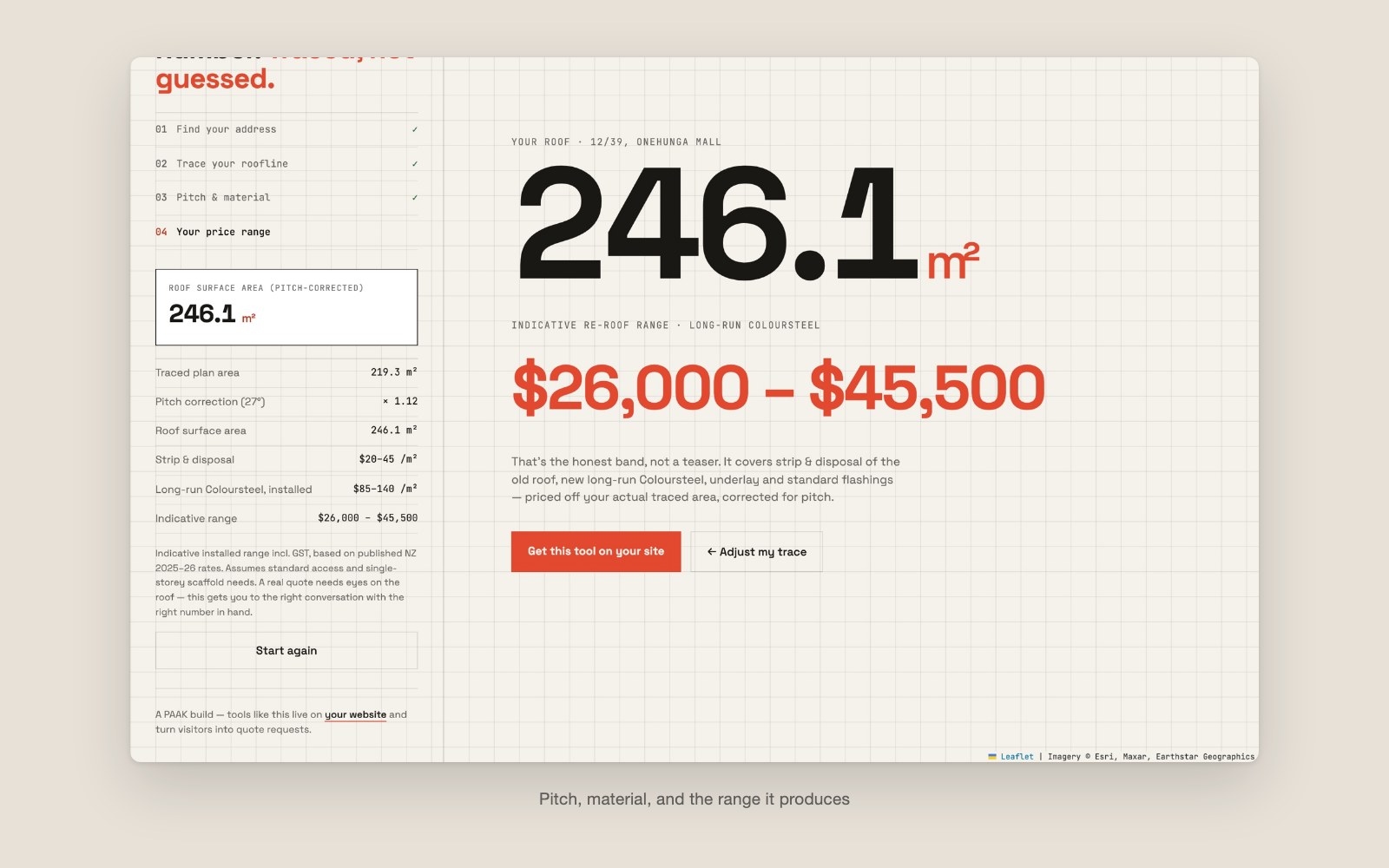 The Roof Estimator's pitch and material step and the price range it returns