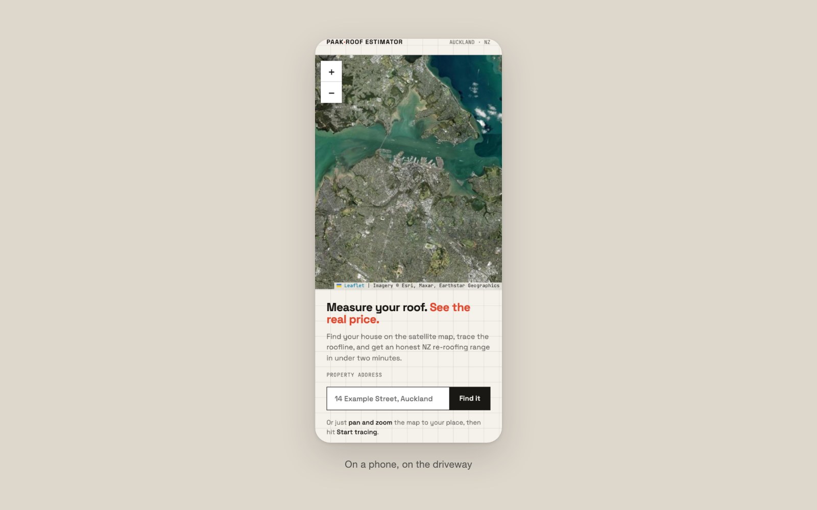 The Roof Estimator at mobile width, the map and address field
