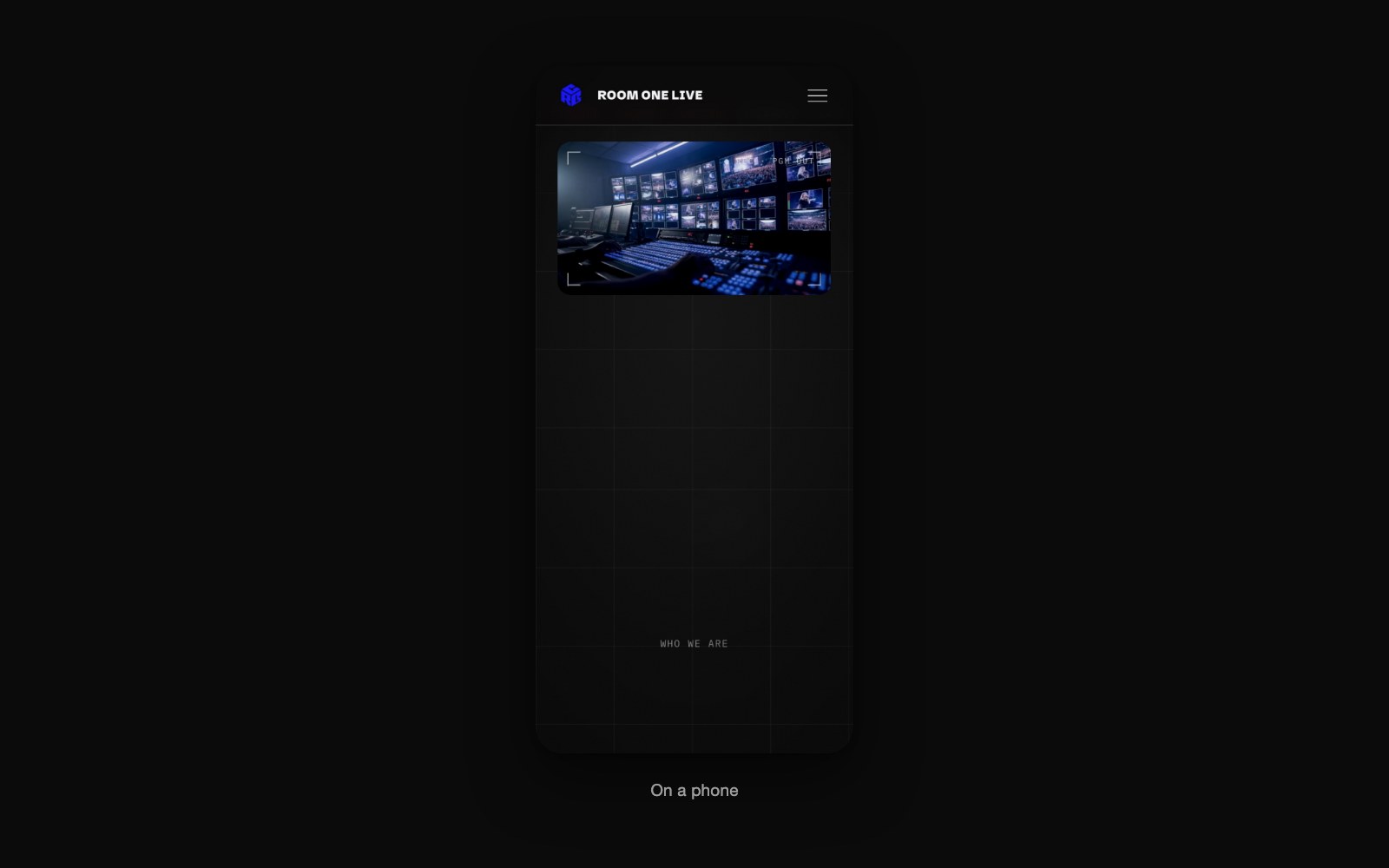 The Room One Live site on a phone, the hero and navigation at mobile width
