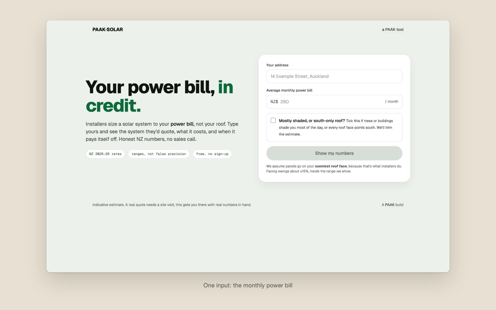 The Solar Estimator: a single field asking for the average monthly power bill