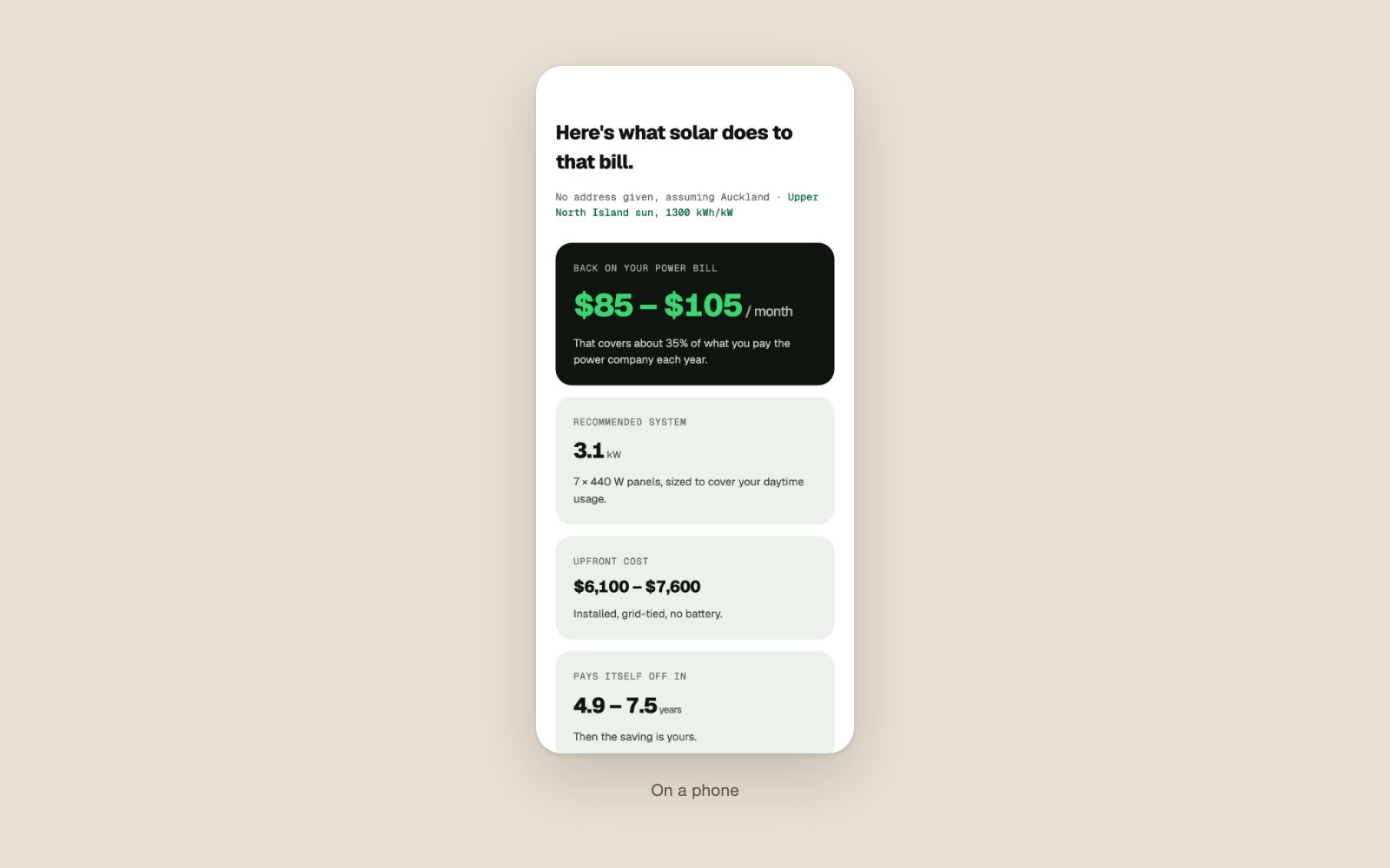 The Solar Estimator at mobile width, bill in and system size out