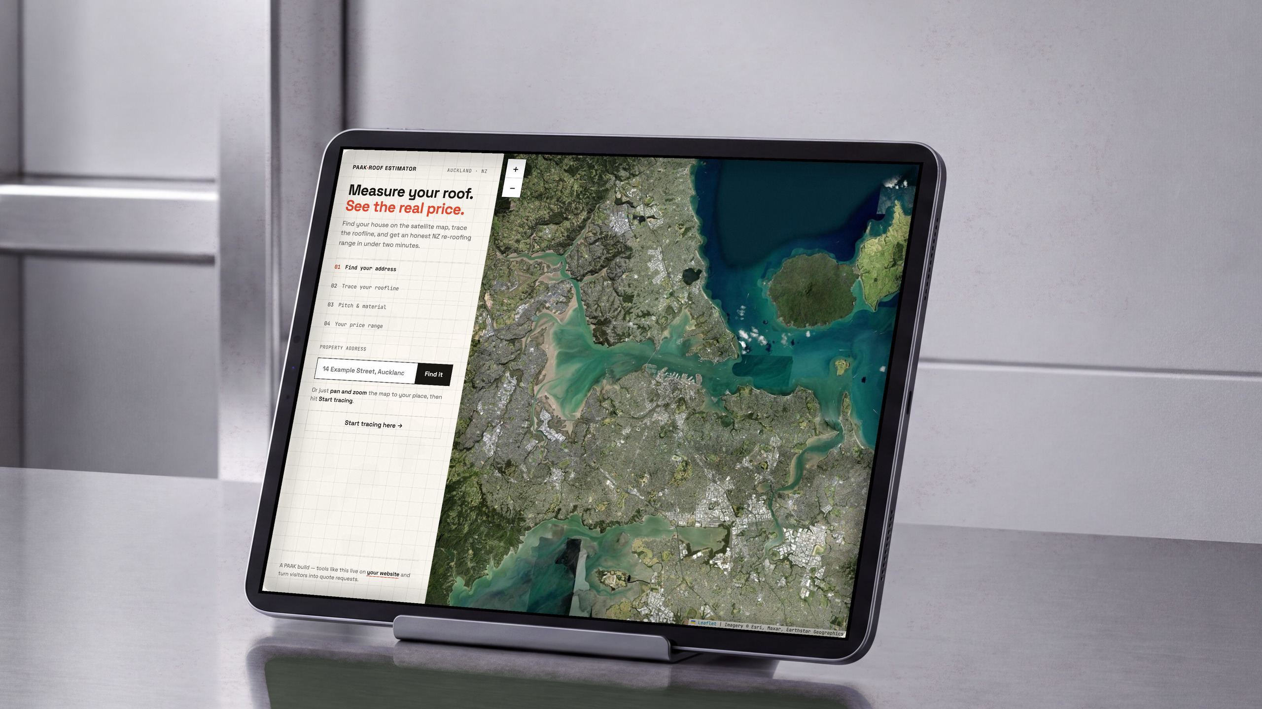 PAAK Roof Estimator on a tablet: trace a roofline on a satellite map and get a price range